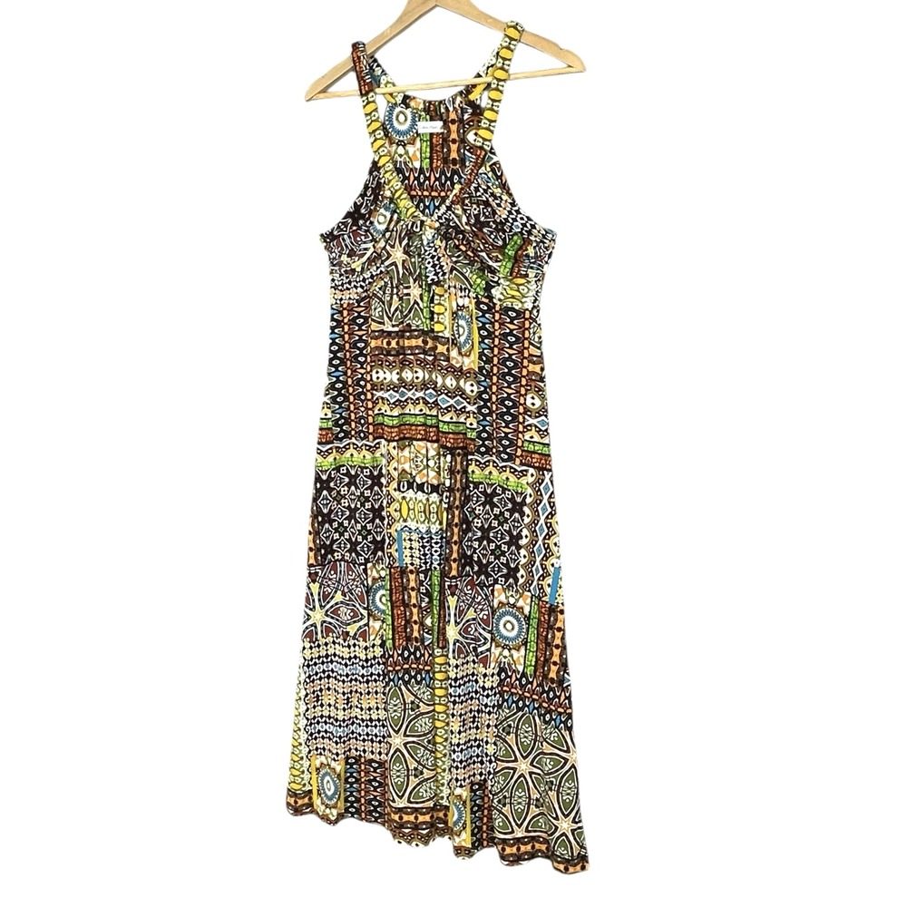 Patchwork Print Babydoll Maxi Halter Dress Womens 6 Earthy Boho Chic Resortwear - Picture 3 of 9